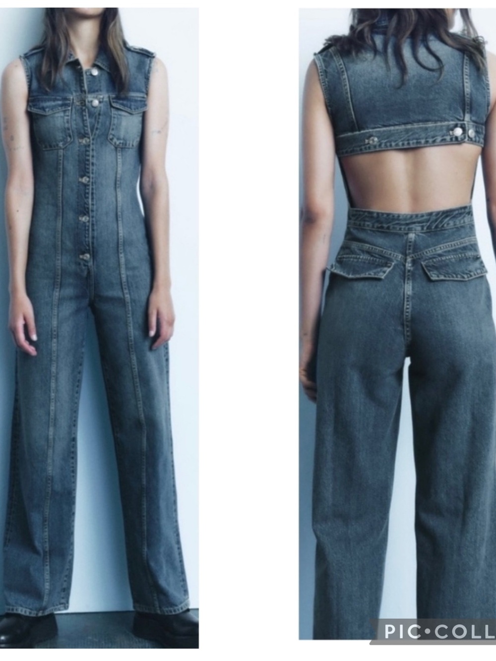 ZARA open back TRF medium Washed Denim Jumpsuit Sleeveless Jeans wide leg size M